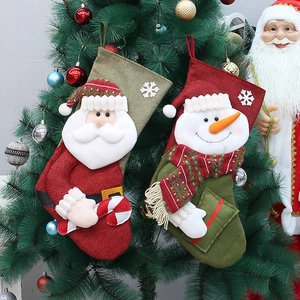 50cm linen Christmas stockings with Santa and Snowman hanging on a festive tree