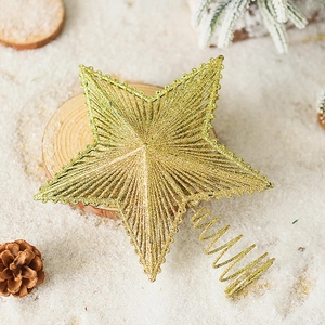 Golden 25cm iron hollow star Christmas tree topper with glitter and spiral base