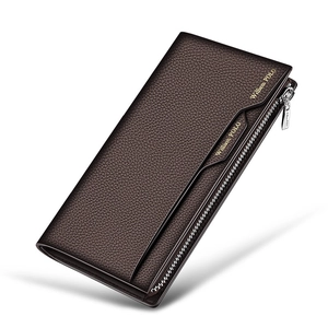 Men's trifold leather long wallet in dark brown with textured finish and zip closure
