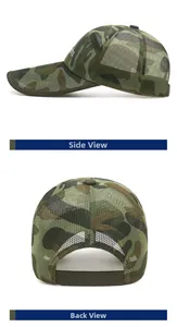 Detailansicht der Camouflage-Netzkappe mit Seitenansicht und verstellbarem Riemen