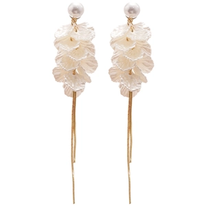 Elegant white petal drop earrings with pearls and long golden chain tassels on white background