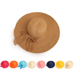 Women Wide Brim Straw Sun Hat With Large Bowknot Solid Color Summer Beach Travel Paper Straw Cap