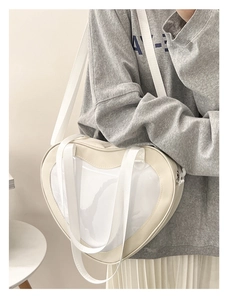 Detail of beige heart-shaped ita bag with transparent PVC window and white strap