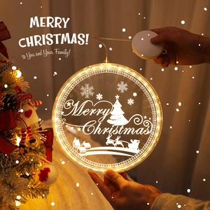 Christmas LED Hanging Window Lights Acrylic 3D Laser Engraved Battery Operated Suction Cup Warm White Festive Decor