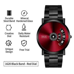 Men's automatic watch with black stainless steel band and unique starry red dial