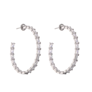 Modern hoop earrings with baguette-cut cubic zirconia in a silver-tone setting
