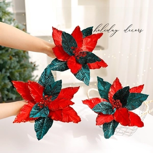 Sparkling red and green velvet Christmas flowers with glitter for tree decoration