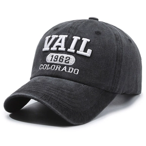 Retro washed denim baseball cap featuring white Vail Colorado 1962 3D embroidery