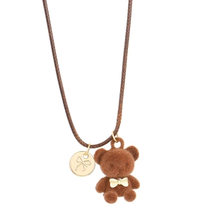 Collana con ciondolo orso floccato marrone con fiocco dorato su cordino intrecciato