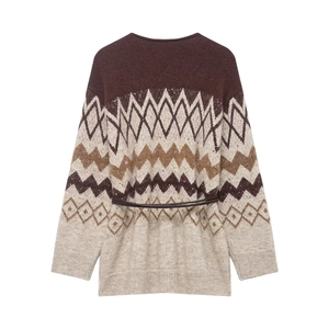 Vintage knit sweater with geometric jacquard pattern and thin belt, back view