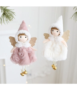 Detail of plush Christmas angel dolls with glittering wings and small golden bells