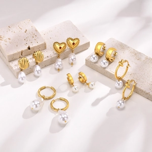 Artificial Pearl Drop Earrings For Women Elegant Stainless Steel Gold Plated Vintage Heart Shell Knotted Hoop Jewelry