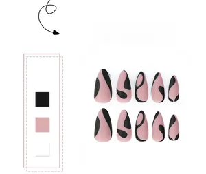 Detail of matte pink almond press-on nails featuring abstract black wavy lines set