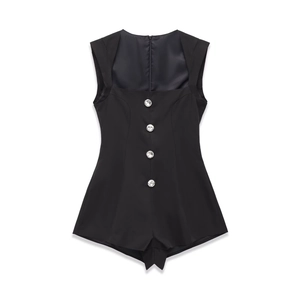 Combi-Short Sans Manches Femme Col Carré Combinaison Avec Boutons En Strass Coupe Ajustée Élégant Playsuit Polyester