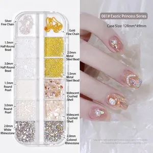 Detailed nail art set featuring white pearls, pink shell fragments and chains in 12-grid box