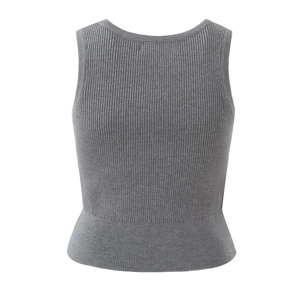 Detailed close-up of a grey ribbed knit camisole vest with high-quality texture details