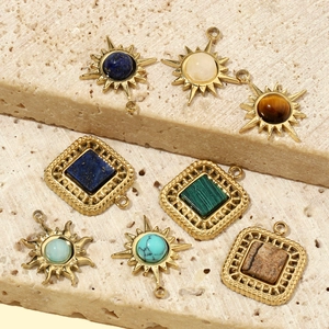 French sun and geometric natural stone pendants in gold plated stainless steel