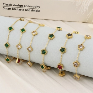 Detail of 18K gold-plated titanium steel bracelets with square emerald zirconia charms