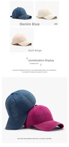 Close-up of distressed vintage baseball caps in denim blue, beige and rose red colors