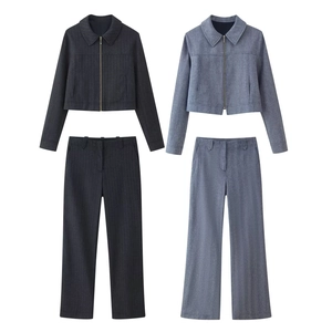 Damen Mode Fischgrätenmuster Reißverschluss Jacke Und Hohe Taille Weite Hose Streetwear Outfit