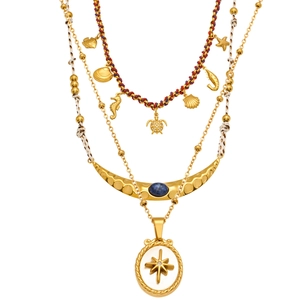 Oceanic 18K gold plated multi-layer necklace set with seahorse and turtle pendants
