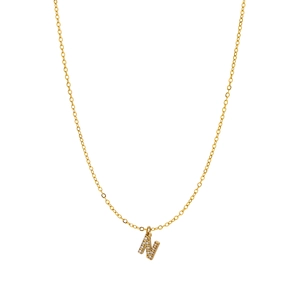 Detailed close-up of a gold-plated necklace with a micro-pave zircon letter N pendant
