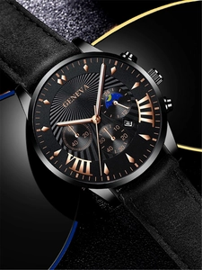 Close-up of Geneva men's watch featuring a black dial with rose gold markers and leather strap