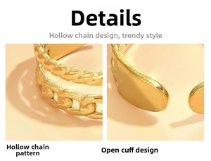 Detailed macro view of the hollow chain design and adjustable open band on gold-plated ring
