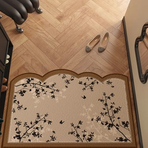 French vintage PVC entryway mat with beige floral pattern and anti-slip backing