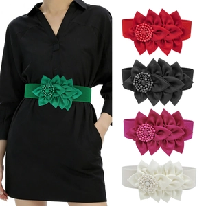 Women Wide Elastic Waist Belt Elegant Fabric Flower Decoration With Imitation Artificial Pearl Snap Closure For Dress Fashion Accessory