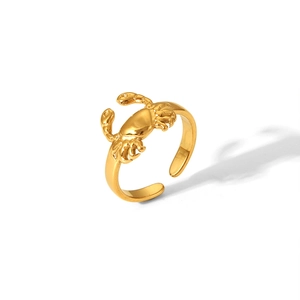 Detailed side view of a gold crab-shaped adjustable open ring in stainless steel