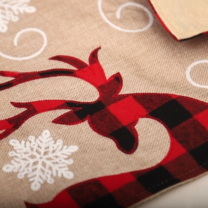 Christmas place mat with reindeer red plaid embroidery on faux linen texture fabric