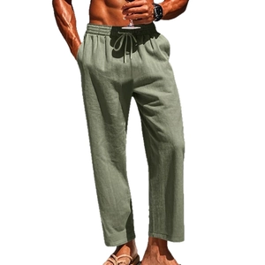 Mens breathable linen wide leg trousers in sage green with drawstring elastic waist