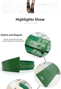 Detail of green crocodile texture faux leather belt with polished alloy button buckle