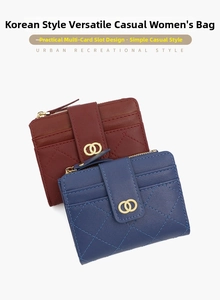 Detail of quilted leather women's wallets with gold hardware and multi-card slots