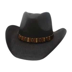 Ethnic style black western cowboy straw hat with vintage beaded leather band and wide brim