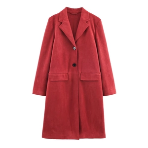 Women's long red faux suede coat with classic lapel collar and button closure