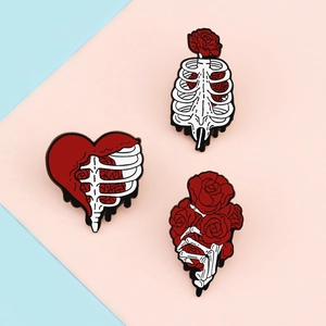 Alloy Enamel Brooch Pin Skeleton Ribs Heart Hand Rose Gothic Badge Dark Style Backpack Decor For Women Men