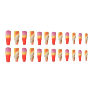 Detailed set of 24 long coffin fake nails with pink orange yellow gradient and marble glitter