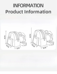 Size chart showing S and M dimensions for dog backpack harness with twill fabric details