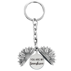 Silver sunflower keychain with YOU ARE MY SUNSHINE engraved hidden pendant