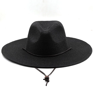 Classic black wide-brim straw sun hat with leather chin strap and adjustable toggle
