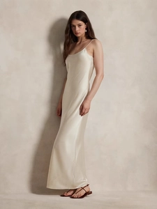 Robe Maxi En Satin À Bretelles Spaghetti Dos Nu Couleur Unie Coupe Ajustée Élégante Soirée Femmes Champagne