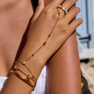 Elegant gold stainless steel zircon hand chain ring bracelet set worn by a female model