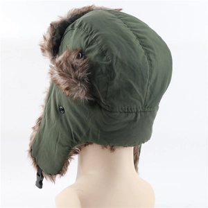 Detail view of winter trapper hat showing faux fur lining and adjustable chin strap