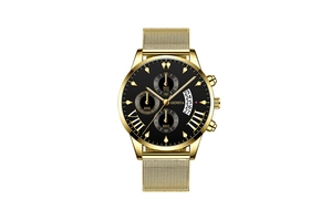 Detail of men's chronograph watch featuring black dial with golden Milanese steel band