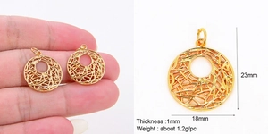 Macro view showing 18mm x 23mm hollow circular copper charm with dimensions and parameters