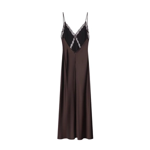 Chocolate brown satin midi dress with lace V-neck detail and thin straps on white background