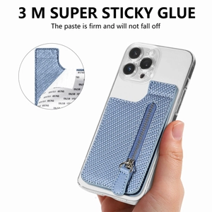 Detail view of light blue woven phone wallet with secure SEKISUI adhesive on smartphone