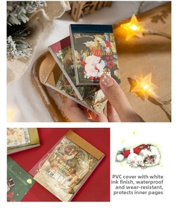 Macro shot of waterproof PVC Christmas sticker book cover with vintage gold stamping